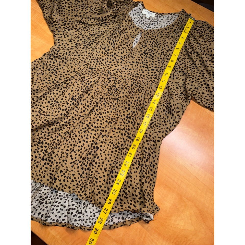 Umgee Animal Print Smocked Balloon Sleeve Babydoll Tunic Top Tan Black Small - Picture 7 of 7